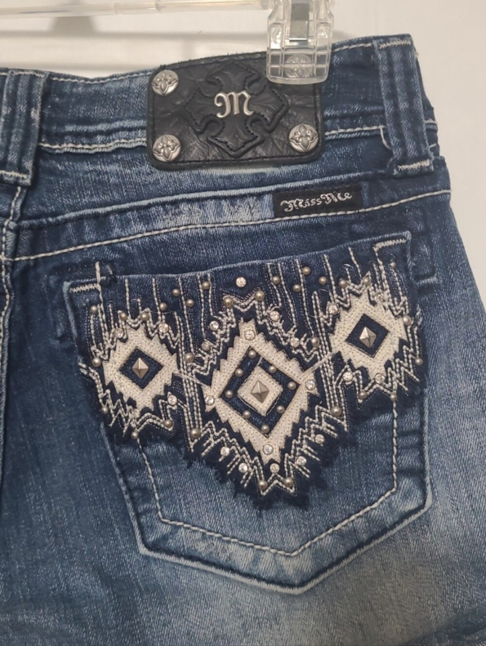 Miss Me Embroidered Aztec Denim Shorts Studs Bling 30
